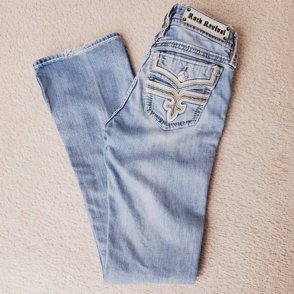 Rock Revival Pants - Rock Revival sz 27 Juni Boot Distressed Faux Flap Pocket Light Blue Jeans Skinny